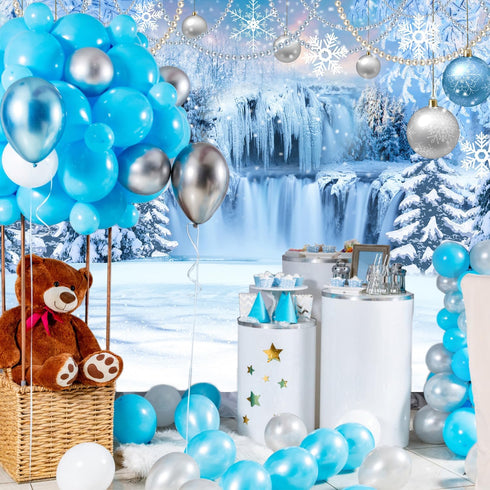 DUAIAI Frozen Winter Christmas Backdrop, Birthday Party Decorations Crystal Pendant Ice and Snow White World Wonderland