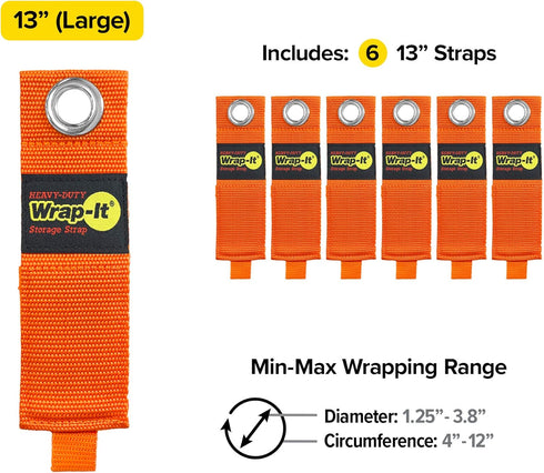 Heavy-Duty Wrap-It Storage Straps - 13-inch (6-Pack) Blaze Orange for Garage Organizer and Extension Cord