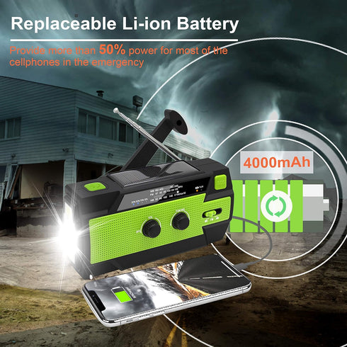 Emergency Crank Weather Radio, 4000mAh Solar Hand Crank Portable AM/FM/NOAA with Flashlight and Cell Phone Charger