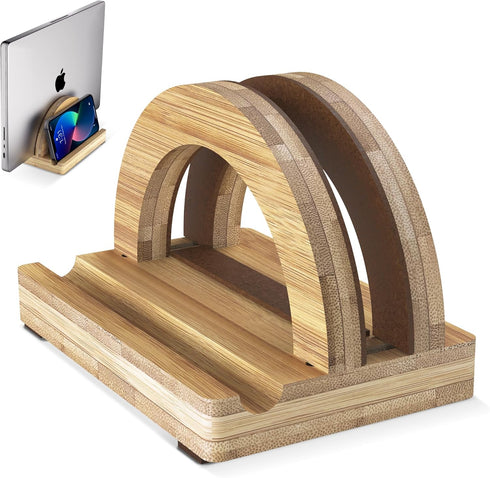 Premium Wood Vertical Laptop Stand - Adjustable Bamboo Holder for MacBook, Dell, HP, Space-Saving Desktop Organizer