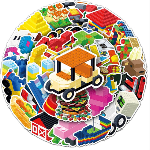 Dslalaly 51 PCS Reusable Cartoon Building Block Stickers - Waterproof Decals for Water Bottles, Laptops & Scrapbooking