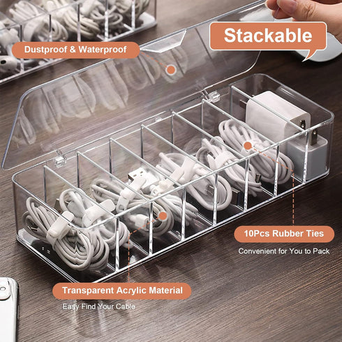 Plastic Cable Organizer Storage Box with 10 Rubber Ties for Cord Management at Home or Office