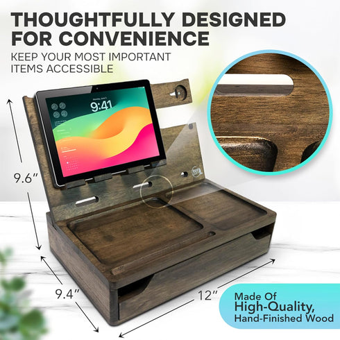 Nightstand Organizer - Bedside Holder for 2 Cellphones or 1 Tablet, Smart Watches, Headphones, Ideal Gifts for Men