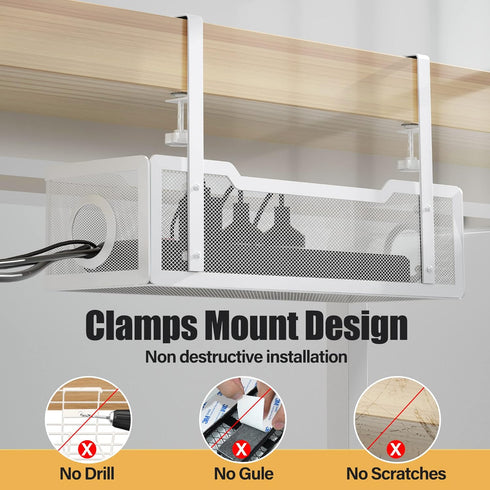 Under Desk Cable Management Tray, White Cinati Cable Organizer with Clamp for Desk Wire Management, No Damage