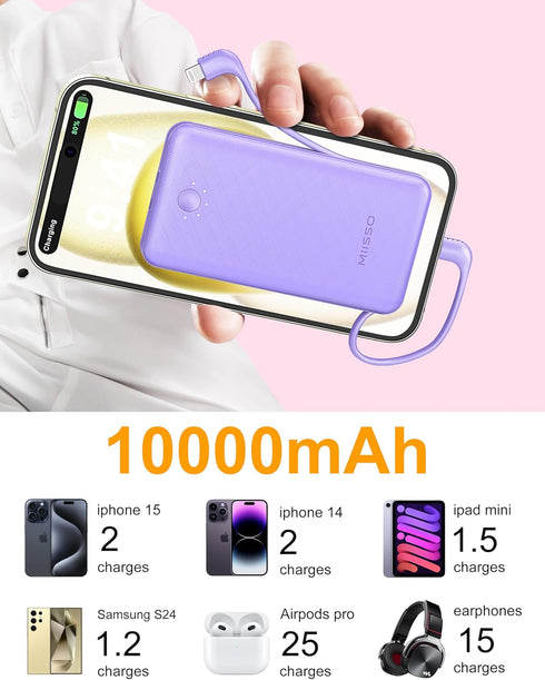miisso Ultra Slim 10000mAh Power Bank - Built-in Cables, Foldable AC Wall Plug, Pocket Size USB C Portable Charger,