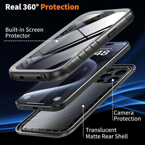 Cozycase Waterproof Shockproof Case for iPhone 15 Pro - Heavy Duty 360 Full Body Military Grade Protection with