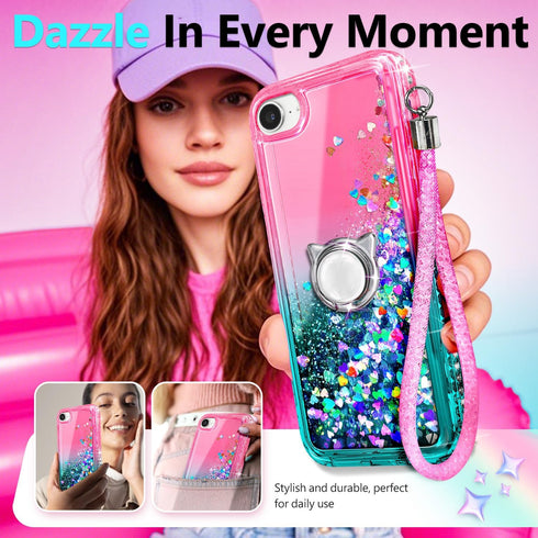 NGB iPhone SE (3rd 2022 & 2nd Gen 2020)/iPhone 8/7/6/6S Case, Pink/Aqua Glitter Liquid Cover with Screen Protector &