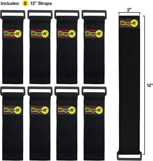 Wrap-It Storage Super-Stretch 12" Cinch Straps - 8 Pack Elastic Hook and Loop for Cord Organizer