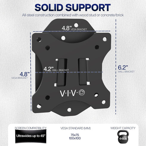VIVO 49 inch 44 lbs, 100x100, Mount-VWLP1 Low Profile Heavy Duty Ultrawide Monitor Wall Mount for up to Screens, Holds