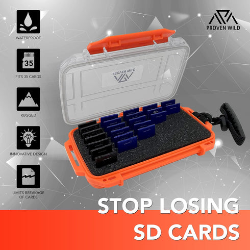 Proven Wild SD Card Holder | Waterproof, Durable Case Holds 35 SD Cards Upright | Standard Memory Card Holder for DSLR