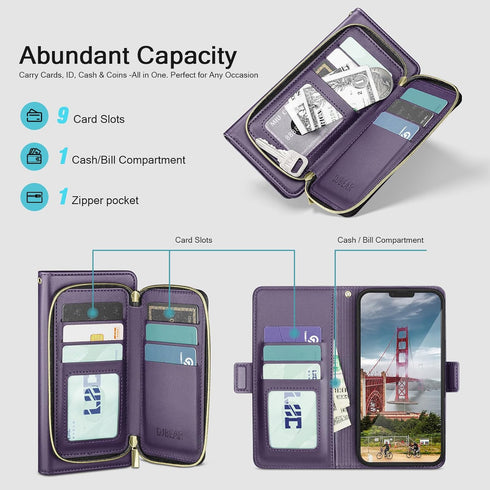 DJBEAR 13 6.1" 9 13 for iPhone Wallet Case for Men & Women, All-in-One Flip Folio Cover with Card Slots, Zipper Pocket