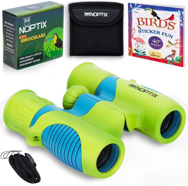 Kids Binoculars in Vibrant Green Blue - Real Binoculars for Girls or Boys, Includes 40 Bird Species Sticker Book
