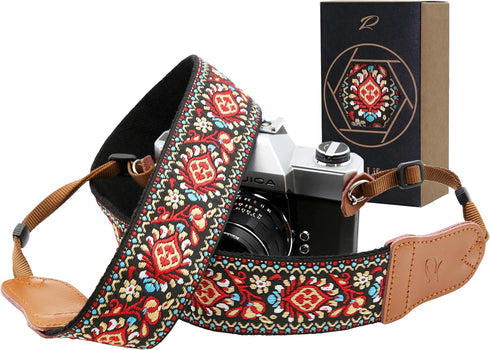 Padwa Lifestyle Red Vintage Embroidered Camera Strap, 2" Wide Cowhide, Adjustable for DSLR Cameras