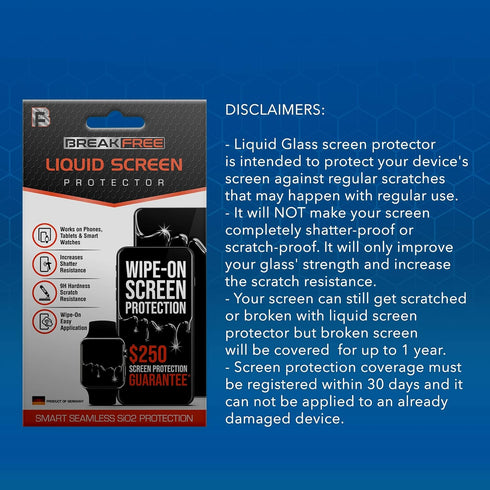 BREAK FREE Liquid Glass Screen Protector with $250 Coverage, Wipe On Scratch and Shatter Resistant Nano Protection for