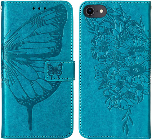 iPhone SE 2022/SE 2020 Case, 6/6S/7/8 Wallet Case | Butterfly Floral Embossed Leather Protective Flip Cover with Card