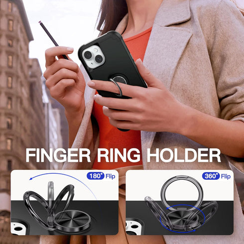 IDweel iPhone 15 Case: 2-in-1 Shockproof Cover with Screen Protector, 360° Ring Holder, Camera Lens Protector, Black.