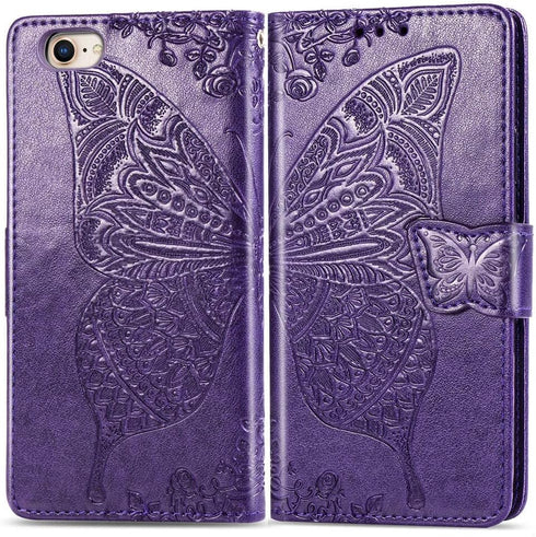 Wallet Case for iPhone SE 2020/2022/iPhone 8/7, Women Butterfly Embossed PU Leather Stand with Card Slots (Purple)