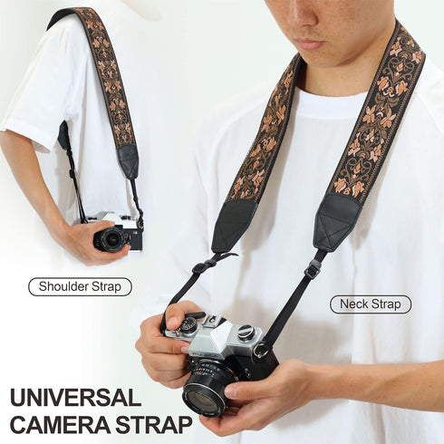 Padwa Lifestyle Camera Strap, 2" Wide Vintage Jacquard Embroidery Flower Strap with Genuine Leather Head