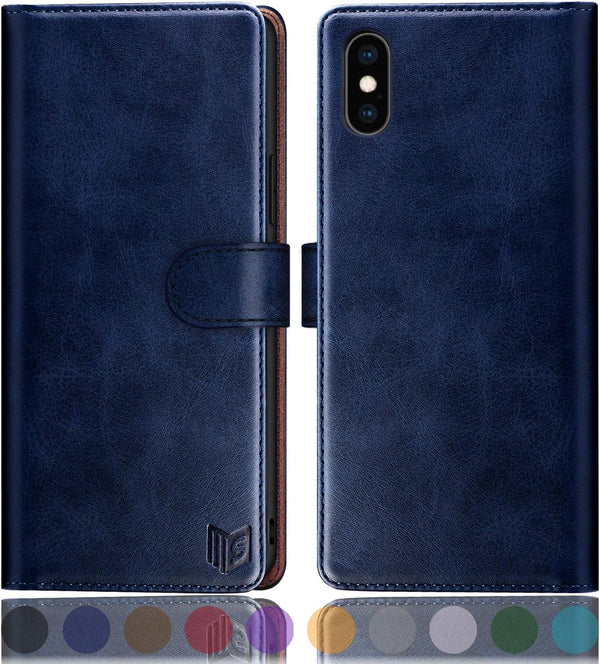 SUANPOT RFID Blocking Leather Wallet Case for iPhone X/XS 5.8" - Shockproof Flip Folio, Card Holder, Blue
