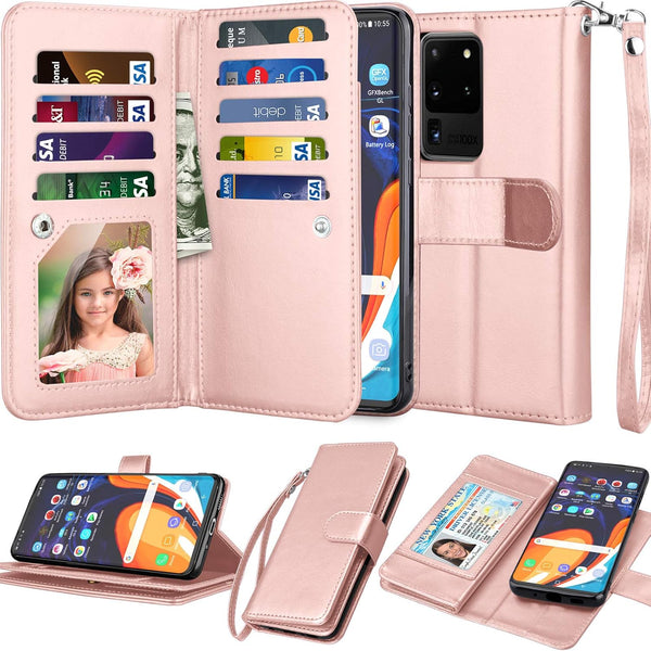 Njjex Galaxy S20 Wallet Case, 6.2", PU Leather, 9 Card Slots, Detachable Kickstand, Rose Gold