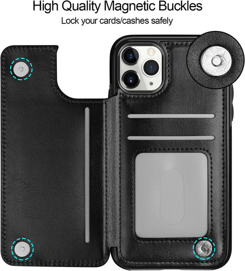 HianDier iPhone 11 Pro Case with Card Holder, Magnetic Closure Shockproof Cover for Women Men (Black)