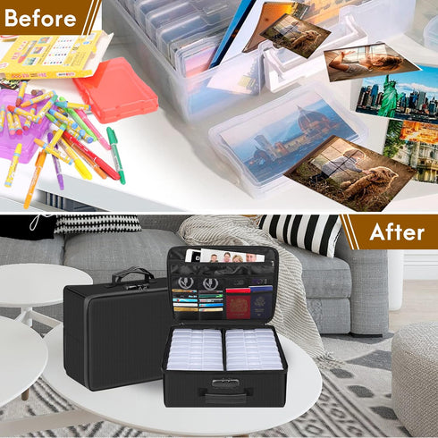 Photo Storage Box with Lock - DocSafe Fireproof Organizer with 16 Inner Photo Cases, Collapsible Portable Filing Safe
