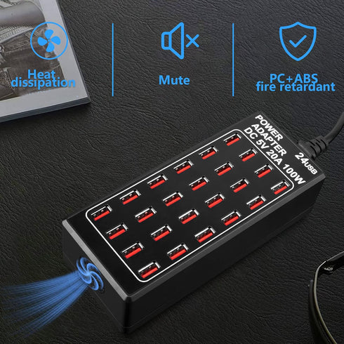 24-Port 100 Watt USB Charging Station, Home Desktop Fast Charger for Hotels, Shops, Schools, and Travel