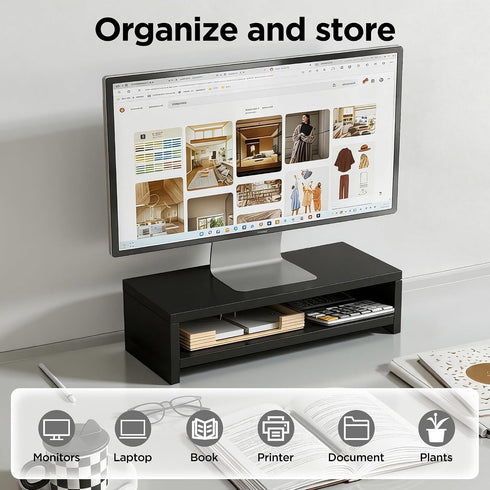 2-Tier 15.7 Inch Wooden Monitor Stand Riser, Desk Shelf with Storage Organizer, Ergonomic Computer Stand, Storage