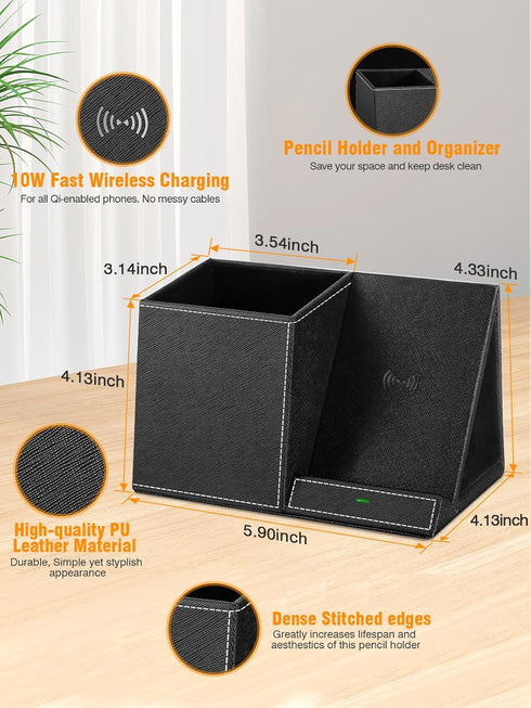 Pen Holder for Desk, Organizer with Wireless Charger, Multi-Functional Pencil Organizer for Home Office Supplies