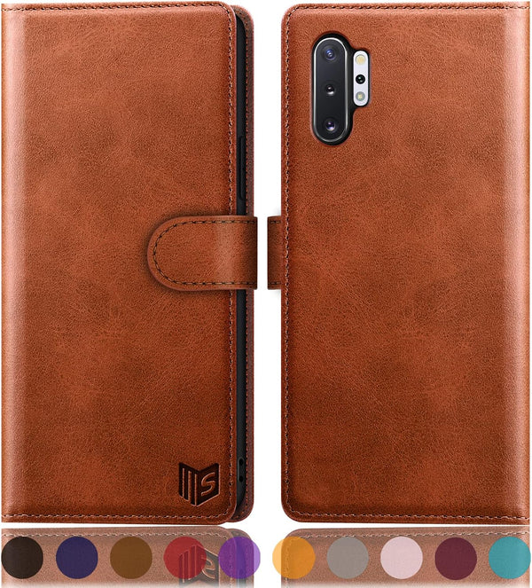 SUANPOT Samsung Galaxy Note 10+/10 Plus 6.8" RFID Blocking Leather Wallet Case, Credit Card Holder, Light Brown