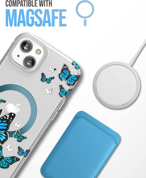 ENCASED Magnetic Case for iPhone 14 with Screen Protector - Compatible with MagSafe Accessories (Blue Butterfly)