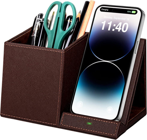 2-in-1 Pen Holder with Wireless Charger, Compatible with iPhone 16/15/14/13/12/11/8 Series, Phone Stand for Desk