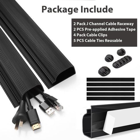 Cable Management Under Desk, Black (31.5in J Channel, 2x15.7in) - Self Adhesive Cable Raceways, Easy Install