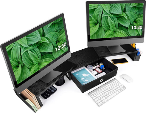 Dual Monitor Stand Riser with Drawer & Metal Leg, Large Computer Monitor Riser for 2 Monitors, Desktop Organizer