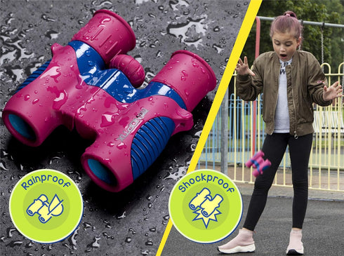 Kids Binoculars for Girls or Boys in Vibrant Pink Blue - Includes Sticker Book with 40 Bird Species