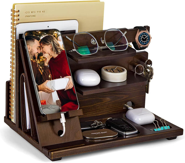 KOCWELL Wood Phone Docking Station, Gifts for Men, Nightstand Organizer Wood for Phone