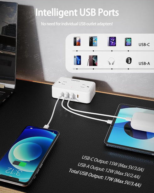 HOPOW 13 4 (2 Protector(1700 10 Dual Layer Desk Clamp Power StripWhite, Desktop Edge Mount Charging Station