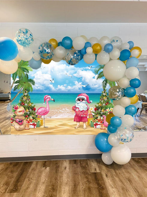 July Christmas Backdrop 8x6FT, Tropical Flamingo Palm Tree Hawaiian Photography Background for Summer Beach Party