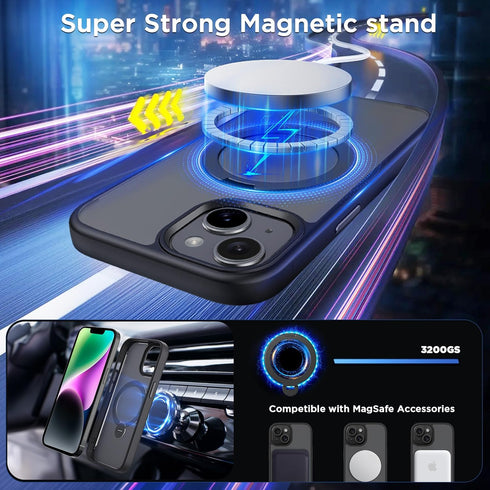 CACOE iPhone 13/14 Magnetic Case 6.1" with 360° Rotatable Ring Stand, MagSafe Compatible, Ideal for Desk & Car Use.