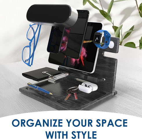 BARVA Gifts for Men Dad Birthday Ideas Wood Docking Station, 2 Phone Nightstand Organizer Table Charging Dock