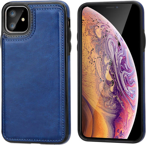 OT ONETOP Wallet Case for iPhone 11 with Card Holder, PU Leather Kickstand, Double Magnetic Clasp, Shockproof (Blue)