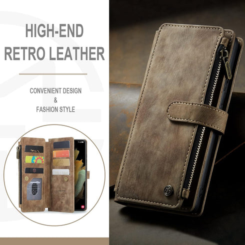 UEEBAI Wallet Case for Samsung Galaxy S21 Ultra 5G, Handmade PU Leather with Card Slots, Vintage Brown