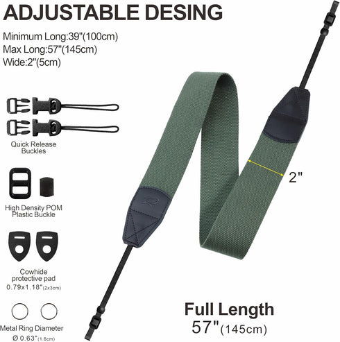 Padwa Lifestyle Dark Green Camera Strap, 2" Wide Cotton Woven Genuine Leather Head, Complimentary 2 Pcs Quick Release