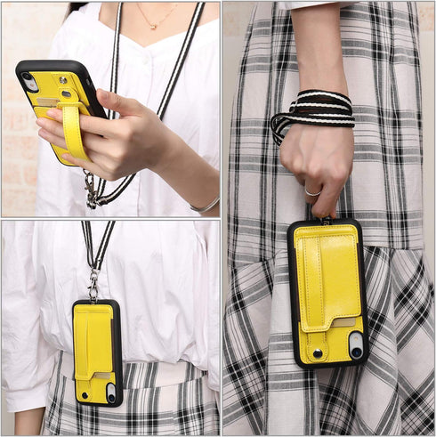 TOOVREN Wallet Case for iPhone XR with Lanyard Strap, Card Holder, Protective Cover with Stand, Yellow