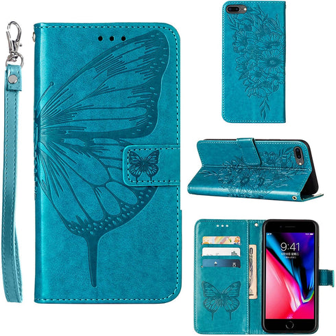 iPhone 7/8 Plus Wallet Case, Butterfly Floral Embossed, Card Holder Slots, Stand Leather Protective Flip Cover (Blue)