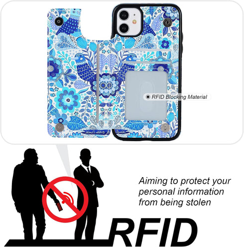 HAOPINSH iPhone 11 Wallet Case with Card Holder, Blue Flower Bird Pattern Back Flip PU Leather Case for Women Girls