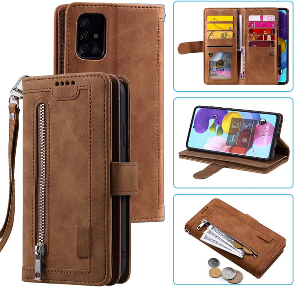 EYZUTAK Wallet Phone Case for Samsung Galaxy A51, Retro Matte 9 Card Holder Slots Zipper Pocket Case - Brown