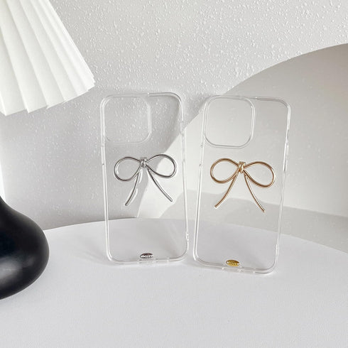 Simple 3D Bow Clear Soft Phone Case Compatible with iPhone (Gold, iPhone 15)