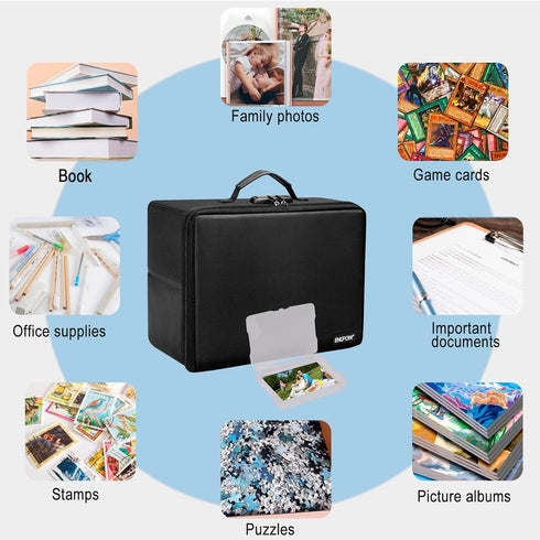 ENGPOW Photo Storage Box with 18 Inner 4" x 6" Photo Case, Fireproof Organizer Box with Lock, Collapsible Portable