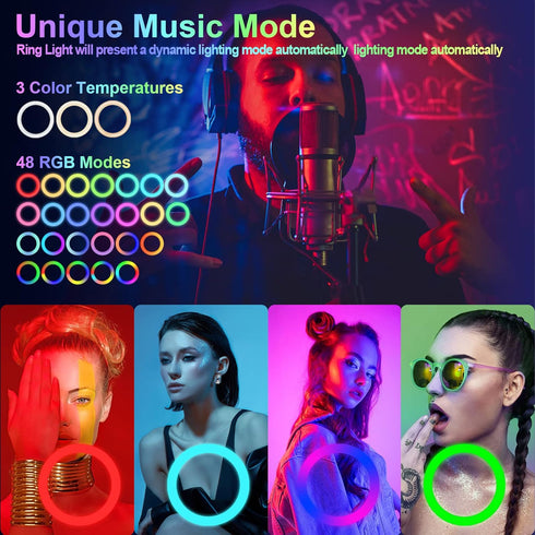 12" Selfie Ring Light with 63" Tripod Stand - 3 Phone Holder, LED Camera Ringlight with RGB Colors Modes for